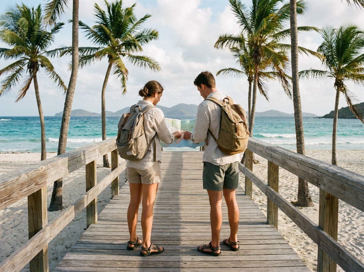 Jeune couple avec sacs à dos sur un pont en bord de mer tropicale
