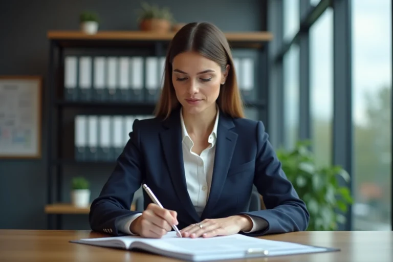 Femme d'affaires en costume bleu dans un bureau moderne