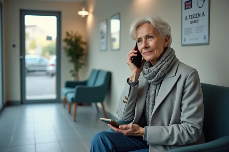 Femme inquiète au téléphone dans une clinique à Montbrison
