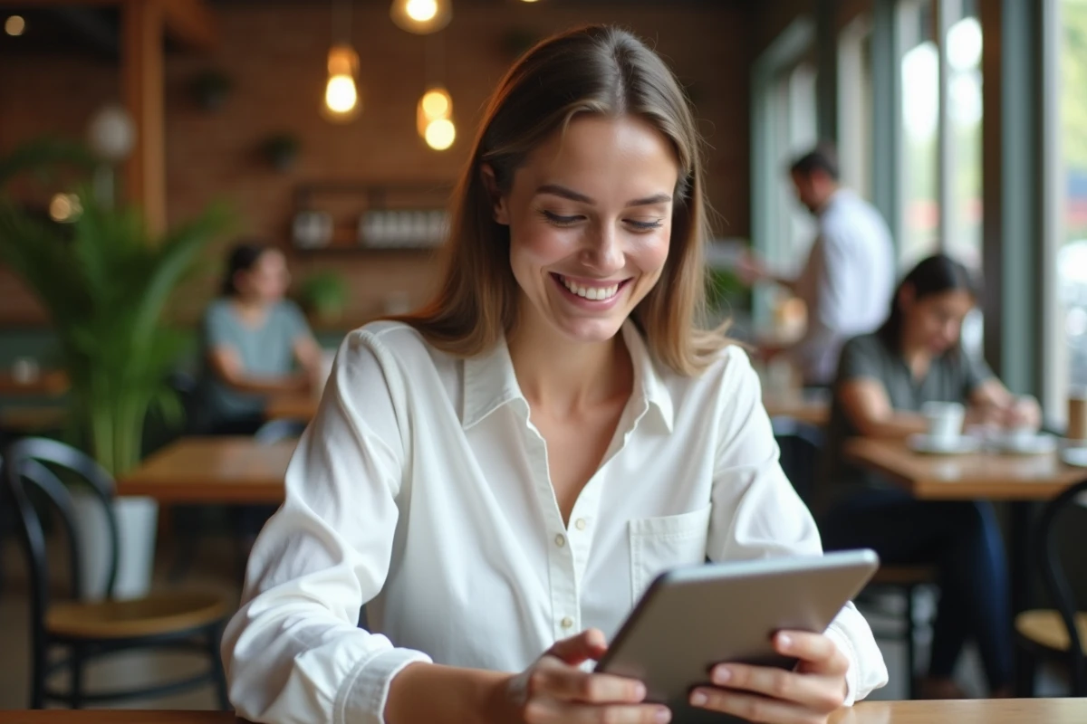 Femme souriante utilisant une tablette dans un café