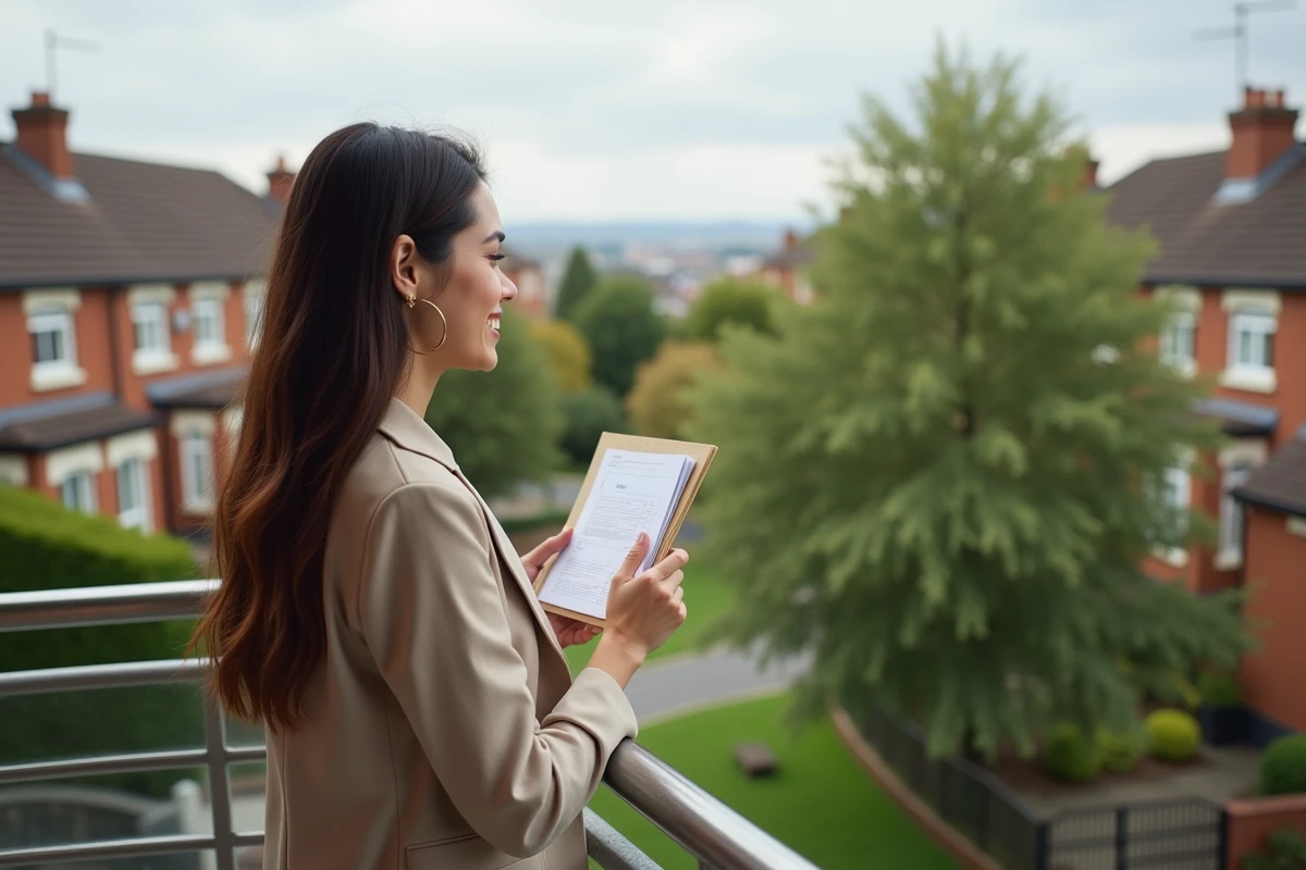 Jeune femme souriante tenant un livret immobilier sur un balcon