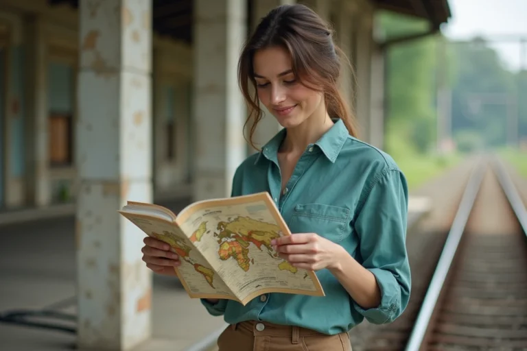Jeune femme regardant une carte du monde dans son journal de voyage
