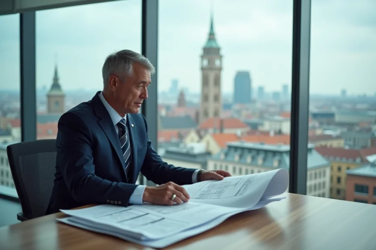 Homme confiant en costume bleu examinant des plans architecturaux