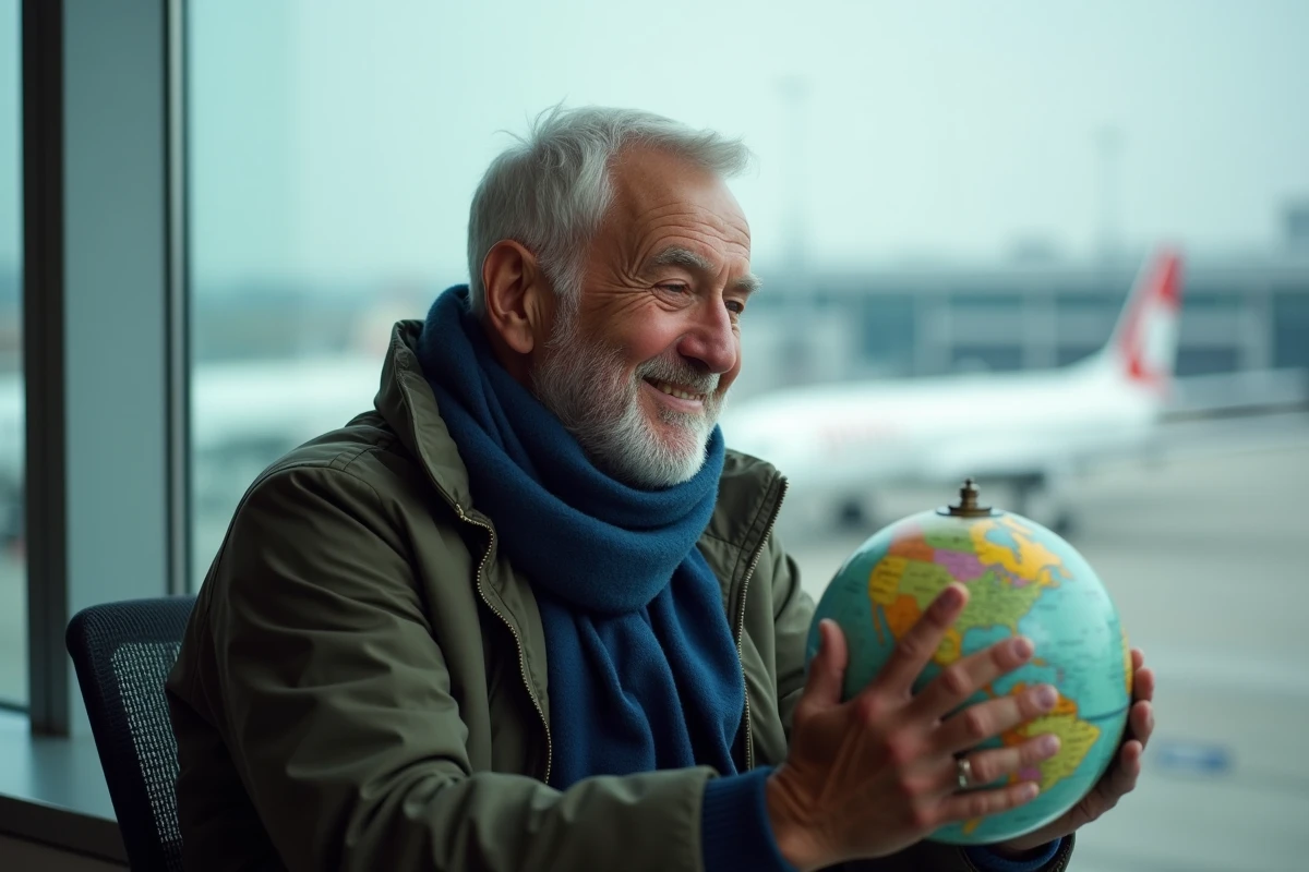 Homme âgé tournant un globe près d une fenêtre d aéroport