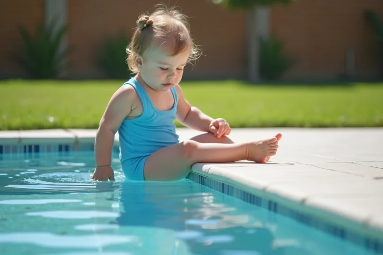 Jeune fille en maillot bleu touche l'eau de la piscine