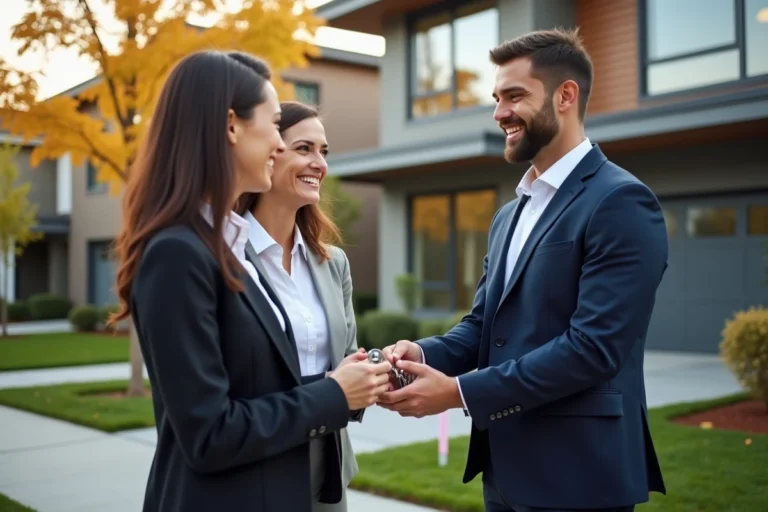 Agent immobilier remettant les clés d'une maison à un couple d'acheteurs devant une propriété moderne avec panneau vendu