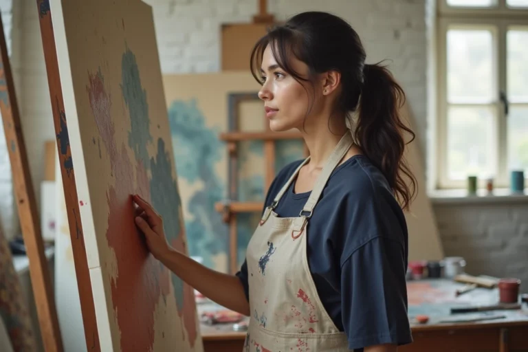 Clara Pésery dans son atelier d'artiste entourée de toiles et de pinceaux, portrait d'une femme passionnée par l'art