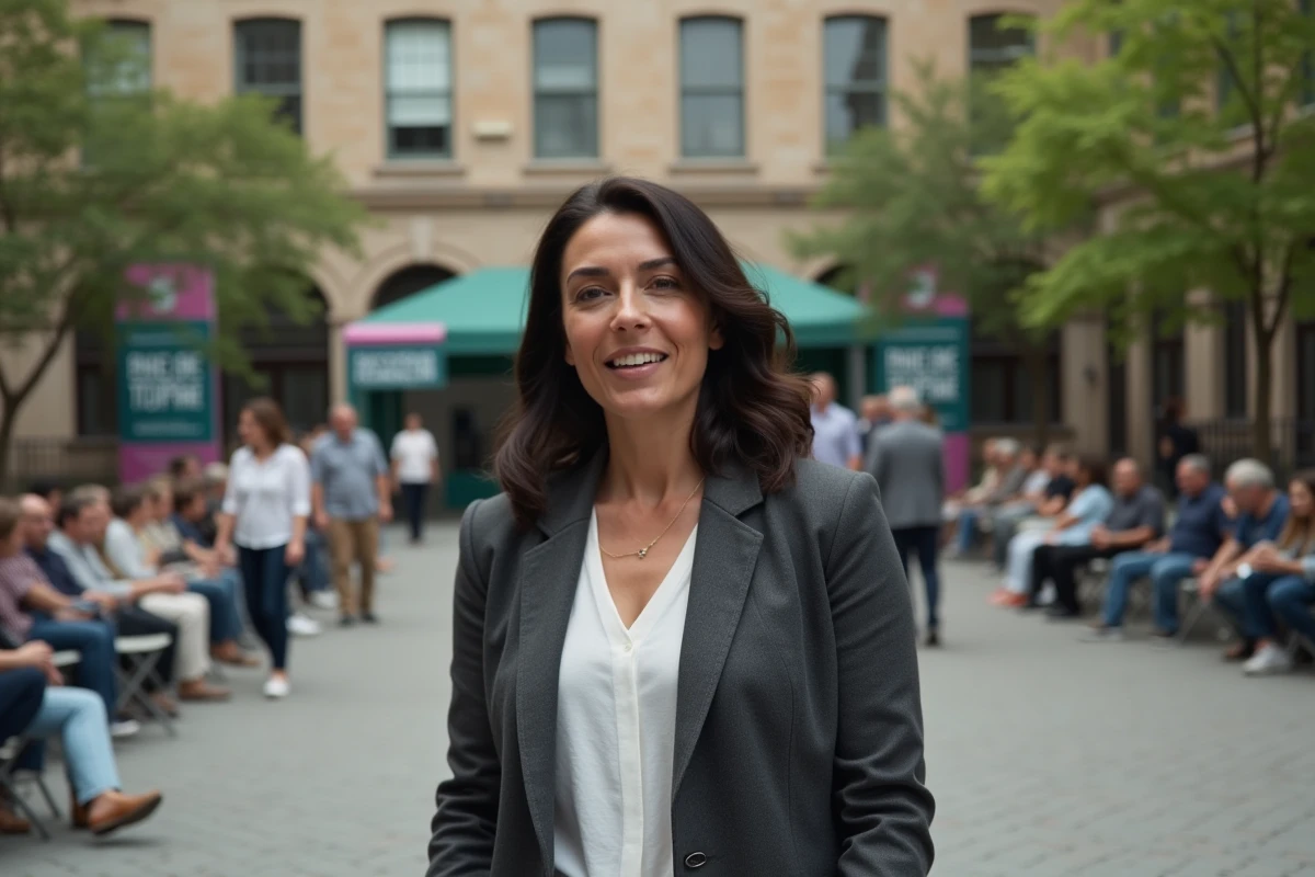 Clara Pésery lors d'un rassemblement citoyen en plein air, femme engagée dans sa communauté urbaine