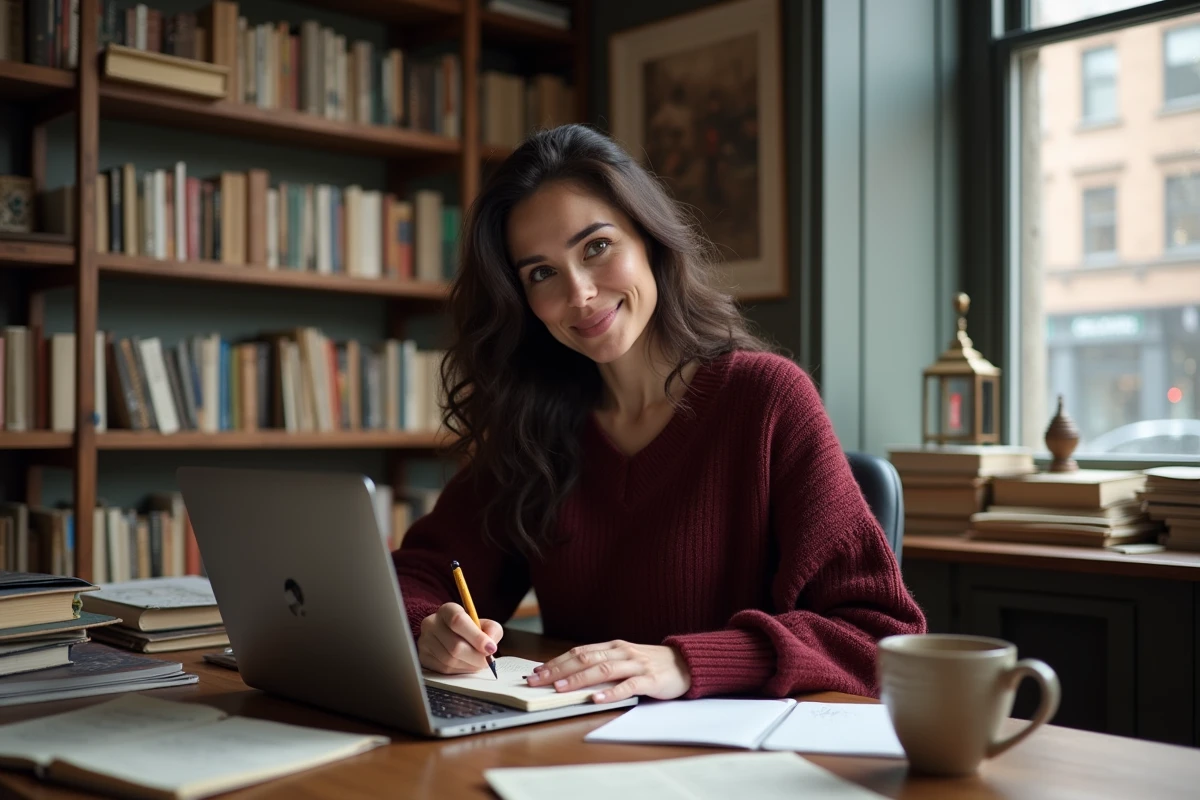 Clara Pésery à son bureau travaillant sur ses projets artistiques et militants, portrait intimiste en intérieur