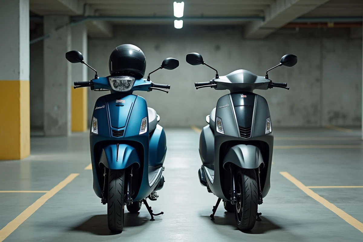Comparaison d'un scooter 300 cm3 bleu et d'un scooter 400 cm3 gris garés côte à côte dans un parking souterrain urbain