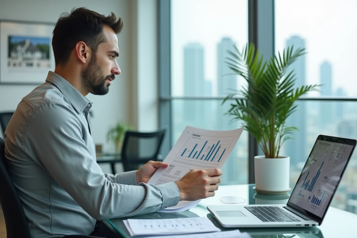 Conseiller immobilier analysant des documents et des plans de propriété sur un ordinateur dans une agence moderne
