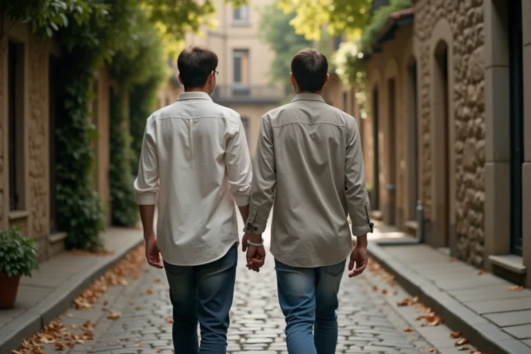 Couple célèbre préservant son intimité lors d'une promenade discrète dans un quartier résidentiel calme