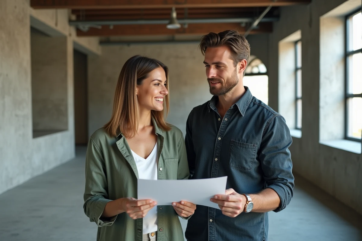 Couple visitant un appartement loft industriel vide et consultant une brochure immobilière lors d'une visite de bien