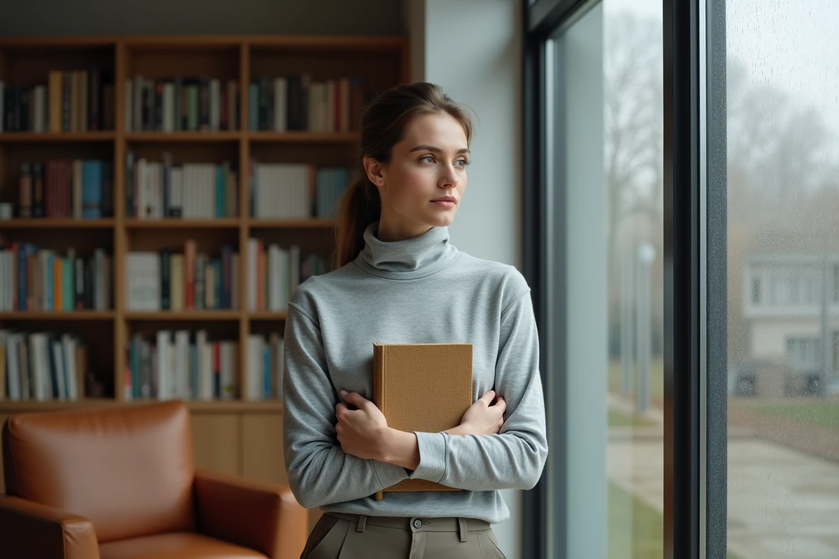 Femme dans sa bibliothèque privée, symbolisant la préservation de l'intimité face à la notoriété publique