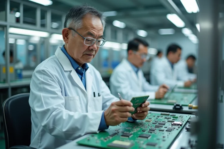 Ingénieur inspectant une carte de circuit imprimé dans une usine de fabrication de téléphones Doro