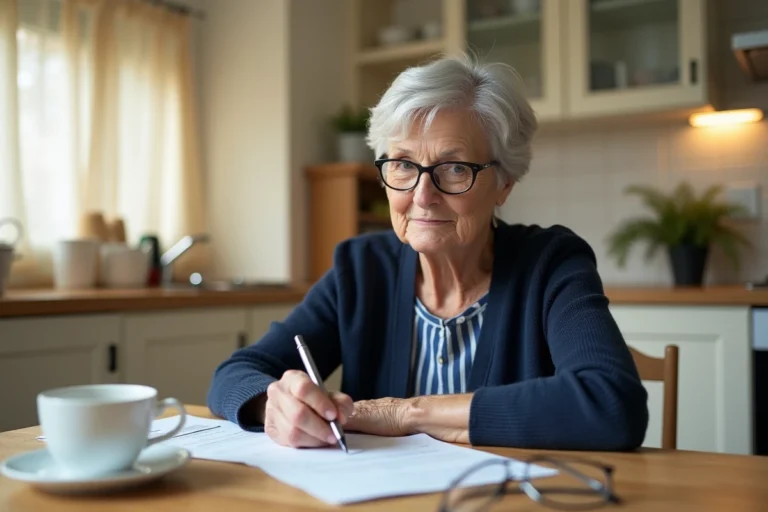 Femme âgée remplissant une demande de carte senior à sa table de cuisine
