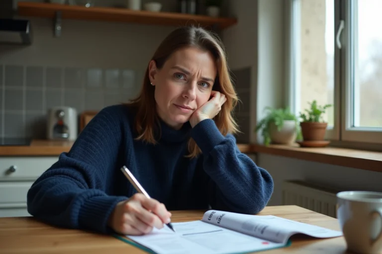 Femme consultant des documents bancaires et un livret A à la table de sa cuisine, expression préoccupée