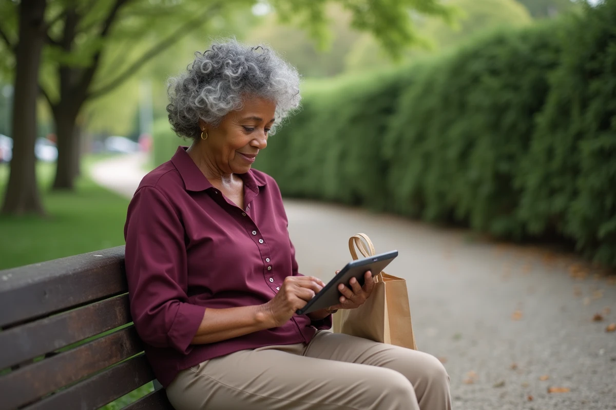 Femme senior consultant les avantages de sa carte sur une tablette dans un parc