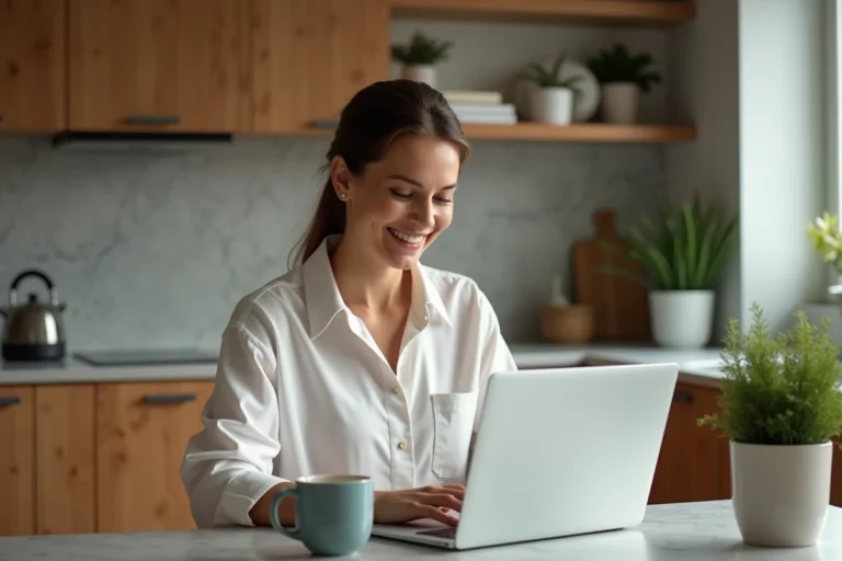Femme au bureau à domicile souriante et concentrée