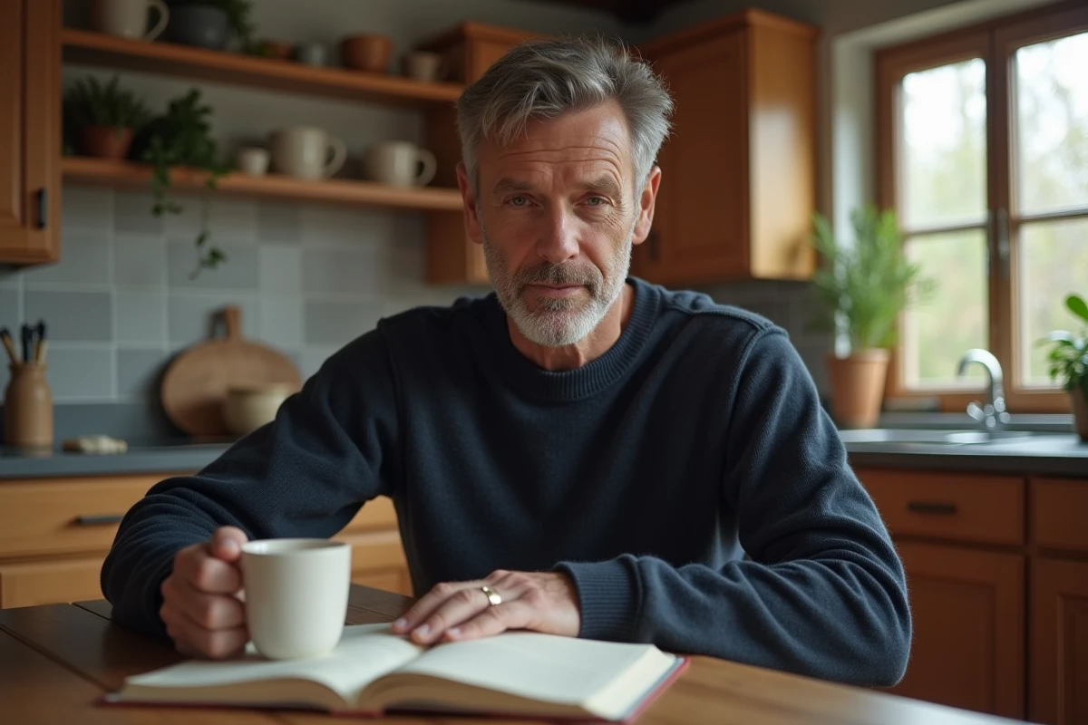 Homme célèbre dans un moment de vie privée et de quotidien discret dans sa cuisine familiale