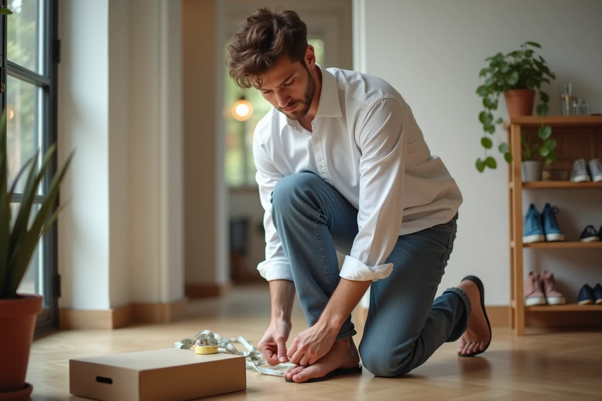 Jeune homme mesurant son pied dans un intérieur domestique