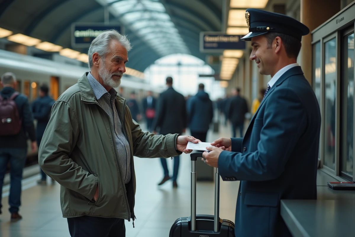 Homme senior utilisant sa carte de transport à un guichet de gare