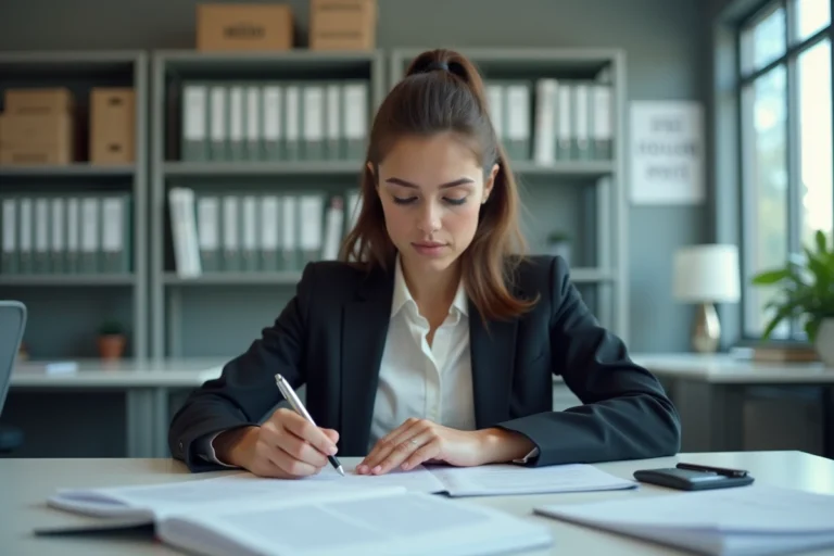 Jeune femme en blazer dans un bureau administratif français