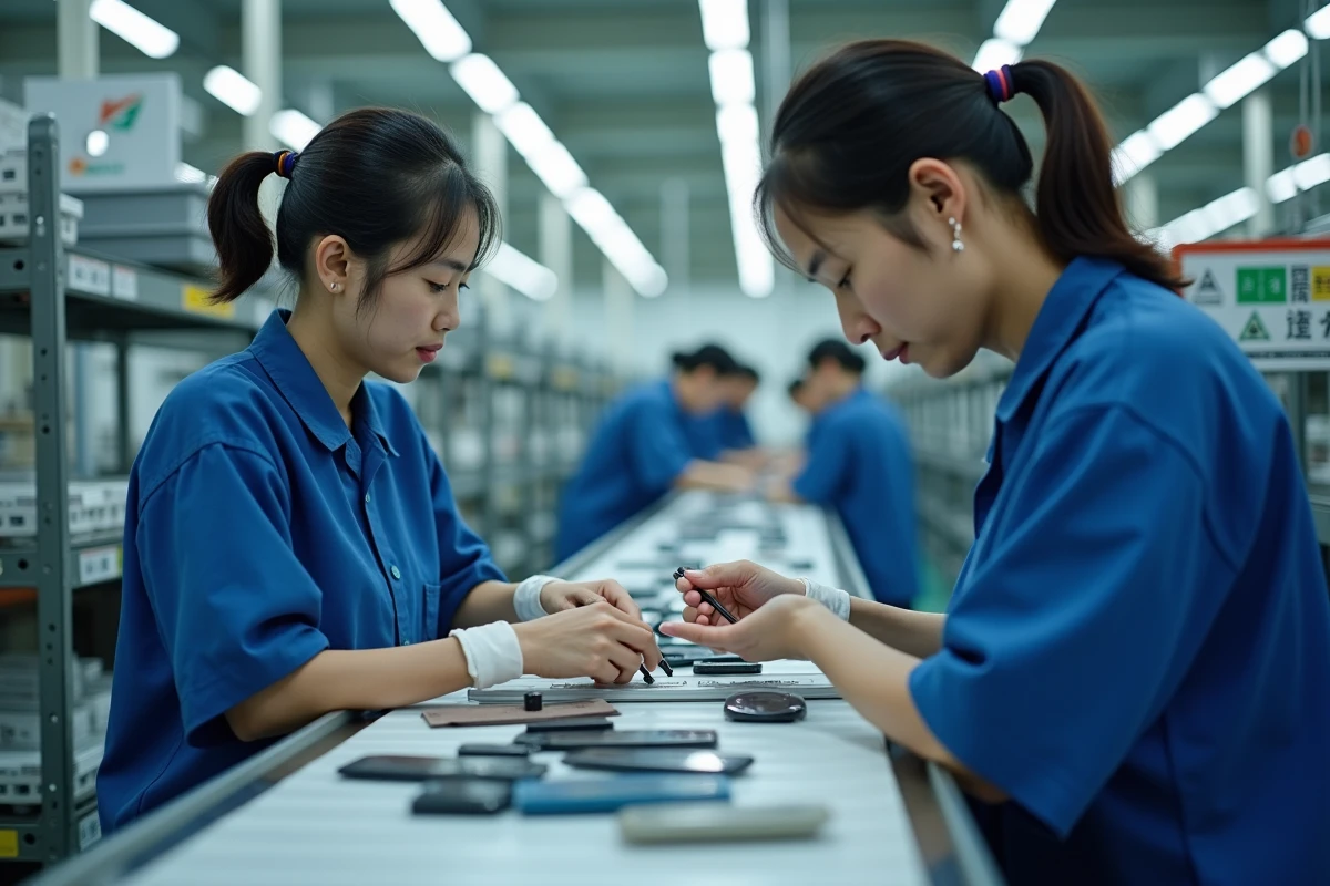 Ouvriers assemblant des téléphones Doro sur une ligne de production en usine