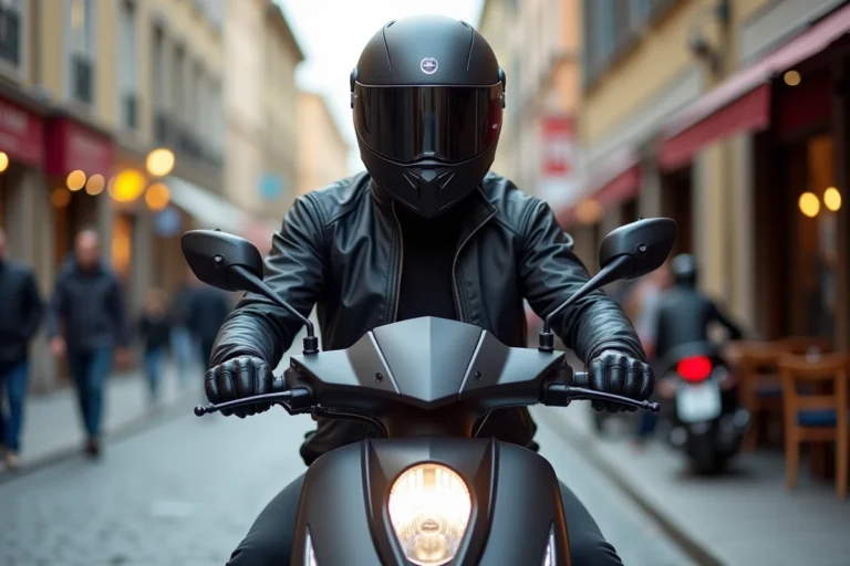 Homme en tenue de moto urbaine assis sur un scooter 300 cm3 dans une rue pavée européenne animée