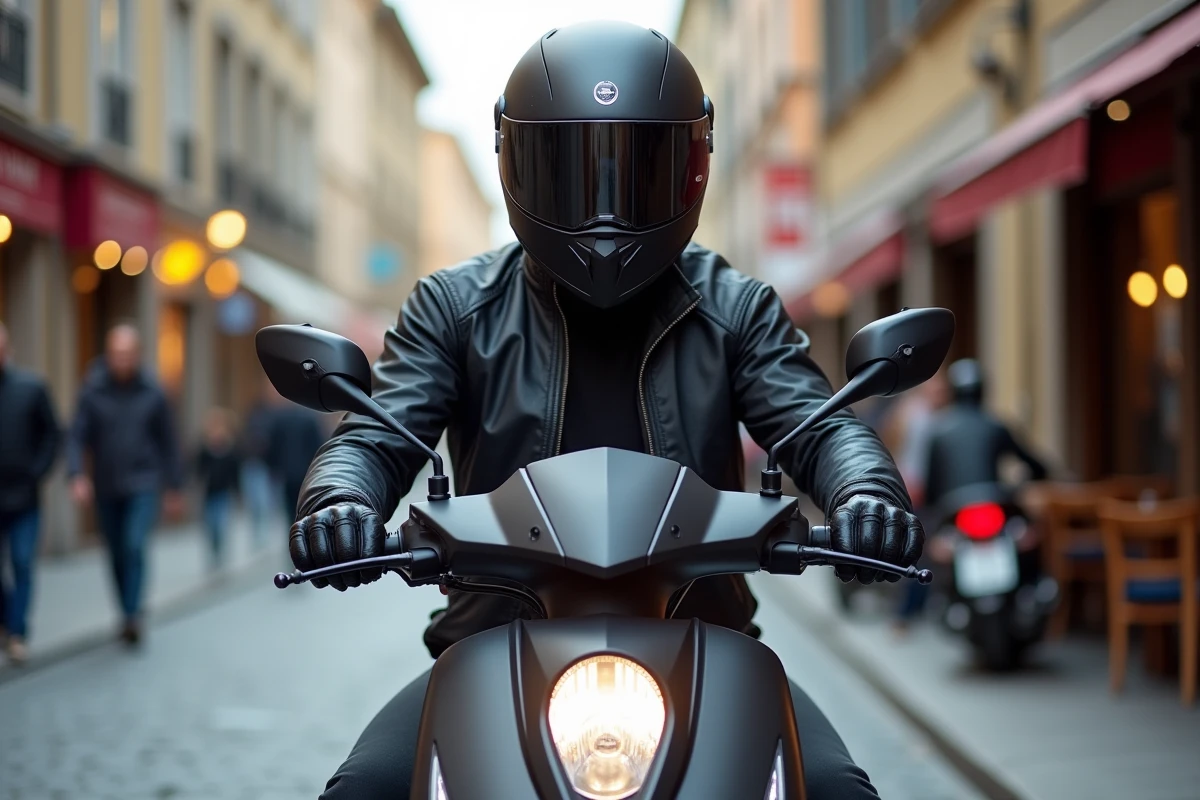 Homme en tenue de moto urbaine assis sur un scooter 300 cm3 dans une rue pavée européenne animée