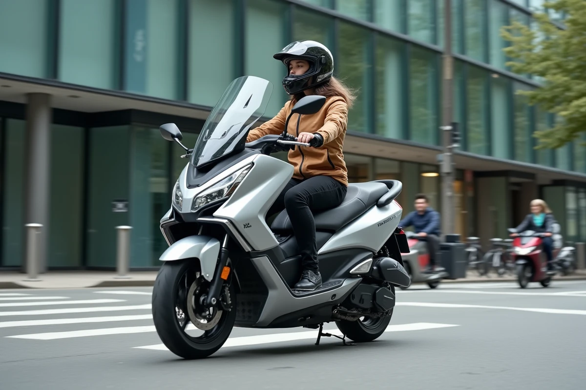 Femme pilotant un scooter 400 cm3 argenté dans une intersection urbaine moderne avec bâtiments en verre