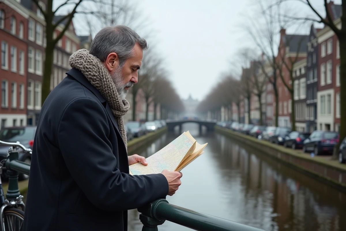 Voyageur consultant une carte sur un pont de canal à Amsterdam avec les façades historiques à pignons en briques du XVIIe siècle en arrière-plan