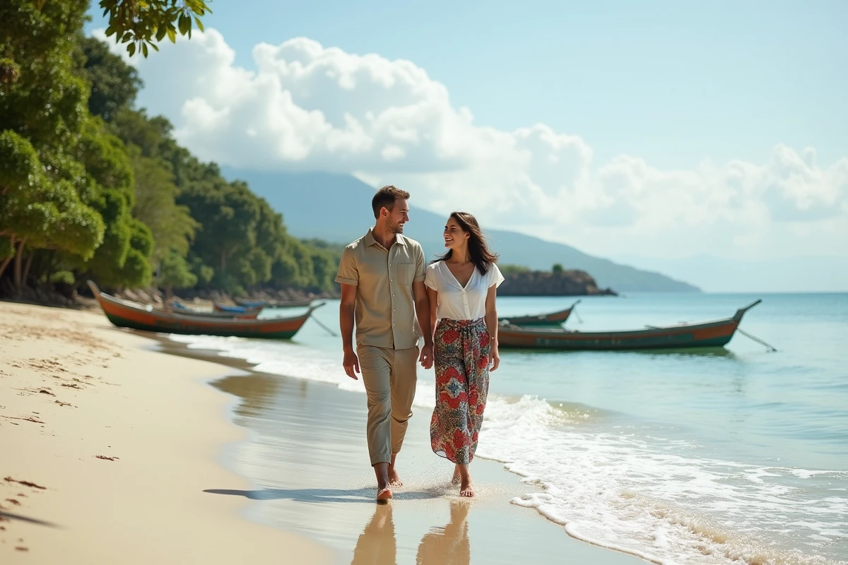 Couple marchant pieds nus sur une plage de sable blanc à Bali en Indonésie avec des bateaux de pêche traditionnels en arrière-plan