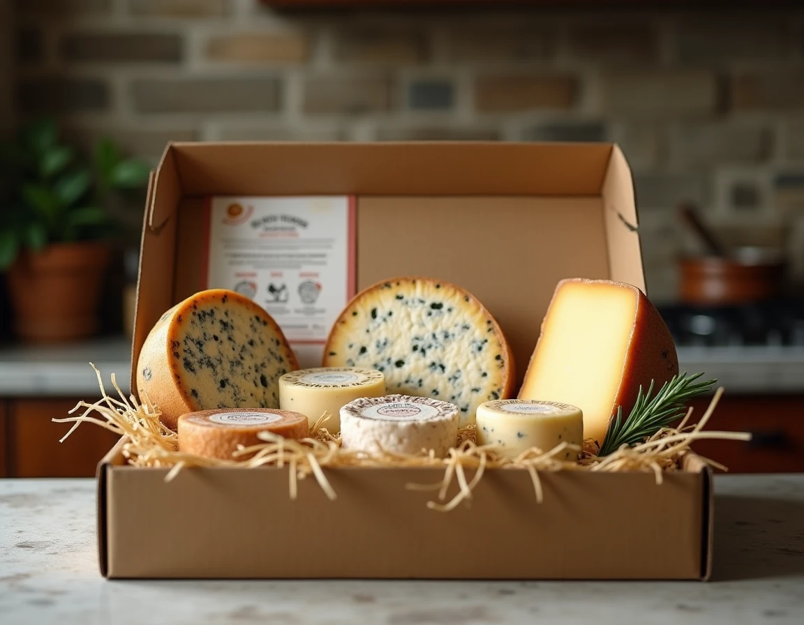 Une box d'abonnement de fromages artisanaux ouverte avec cinq fromages régionaux emballés et une fiche de dégustation