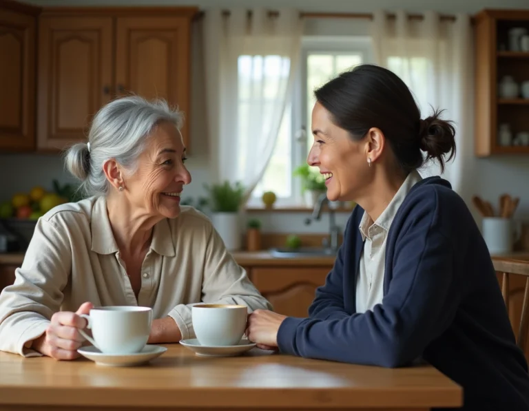 Deux femmes discutent autour d'une tasse de thé dans une cuisine familiale chaleureuse, illustrant l'accompagnement des parents au quotidien