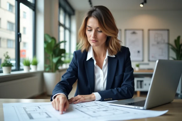 Agente immobilière professionnelle qui analyse des documents et plans dans une agence immobilière moderne