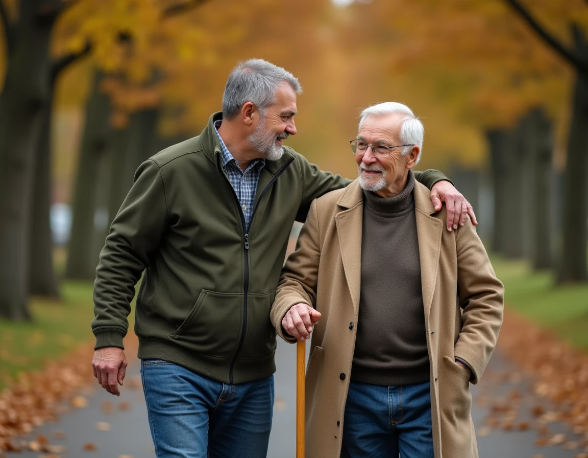 Un fils adulte aide son père âgé à marcher dans un parc en automne, symbolisant le soutien quotidien apporté aux parents seniors
