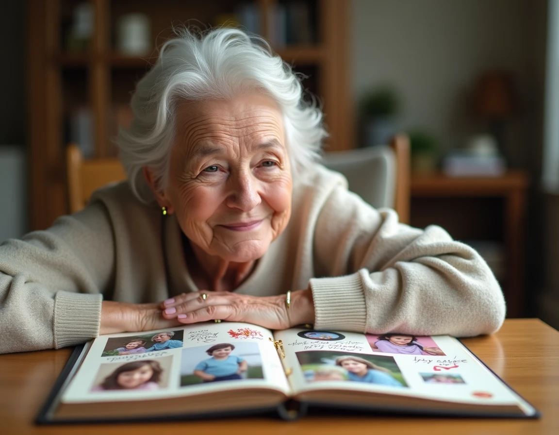 Une grand-mère souriante feuilletant un album photo co-créé avec des dessins et photos des petits-enfants