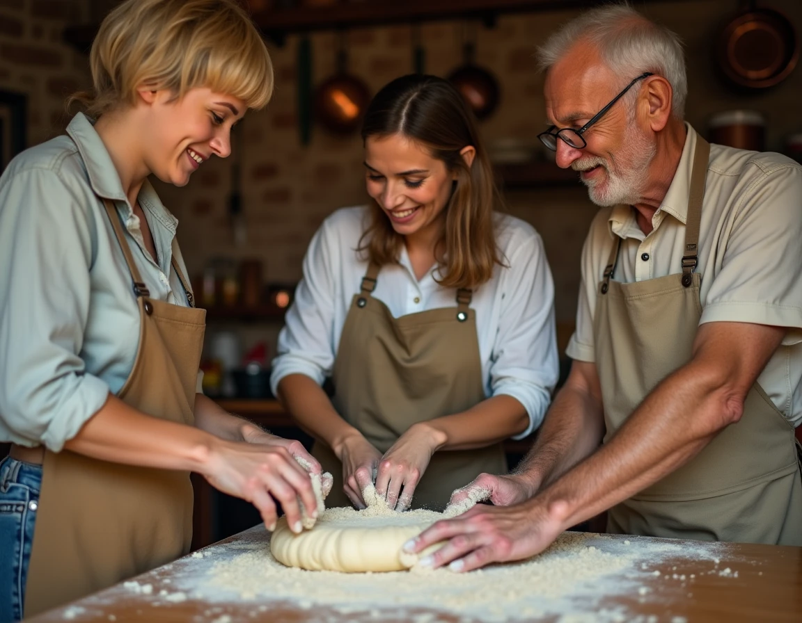 Un atelier cuisine partagé en famille avec des grands-parents, enfants et petits-enfants pétrir la pâte ensemble