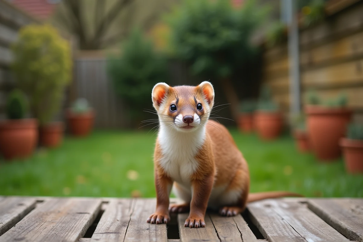 Belette domestique aux yeux vifs posée sur une table en bois dans un jardin