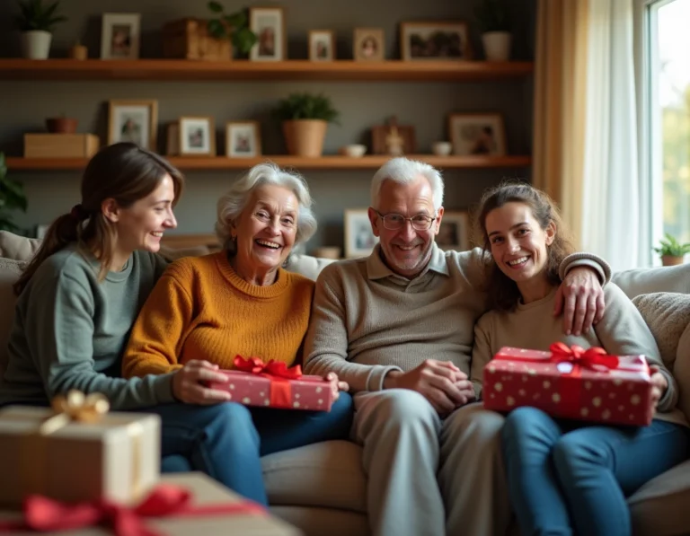 Une famille multigénérationnelle réunie dans un salon chaleureux entourant des grands-parents avec des cadeaux