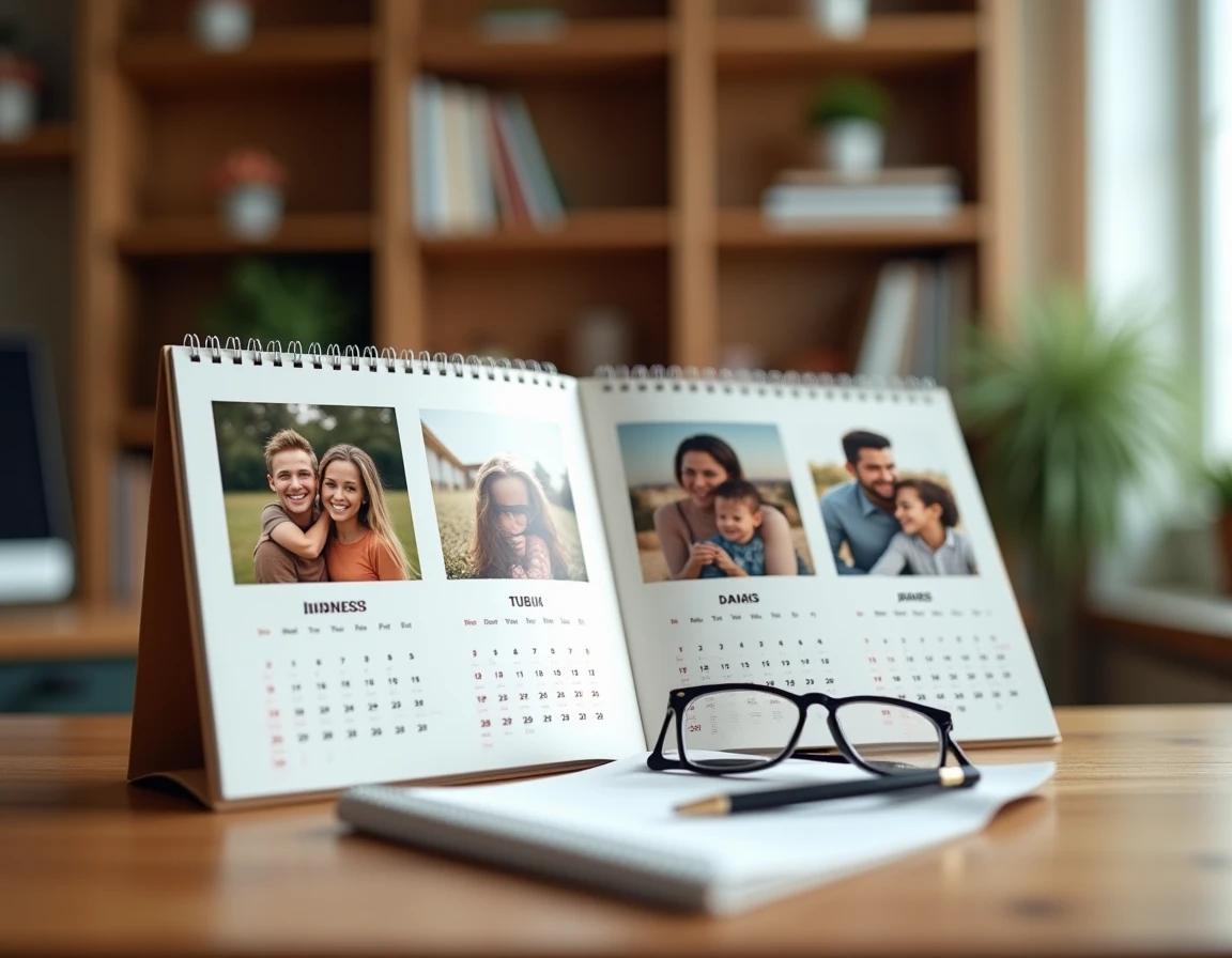Un calendrier photo personnalisé mois par mois ouvert sur un bureau avec des photos de famille imprimées sur chaque page