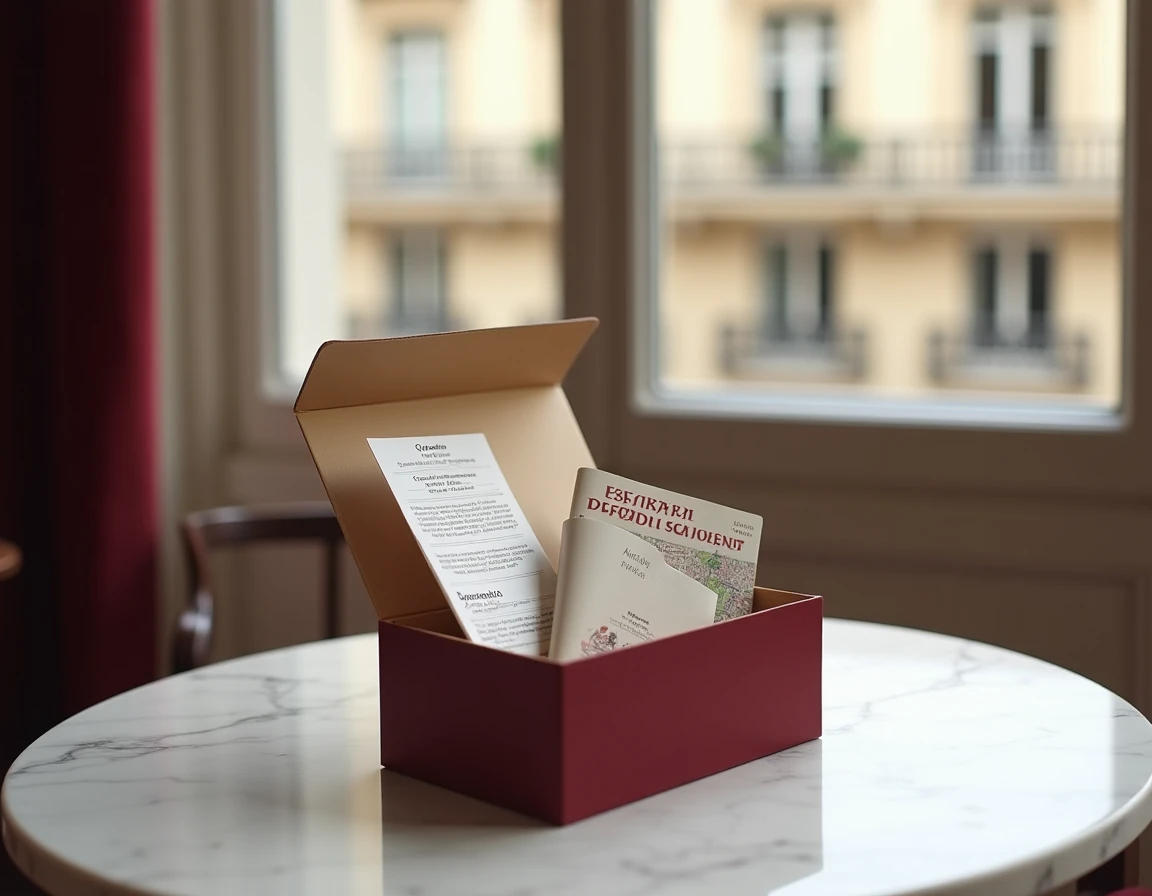 Un coffret cadeau culturel avec des billets de spectacle accessibles et un programme sur une table en marbre