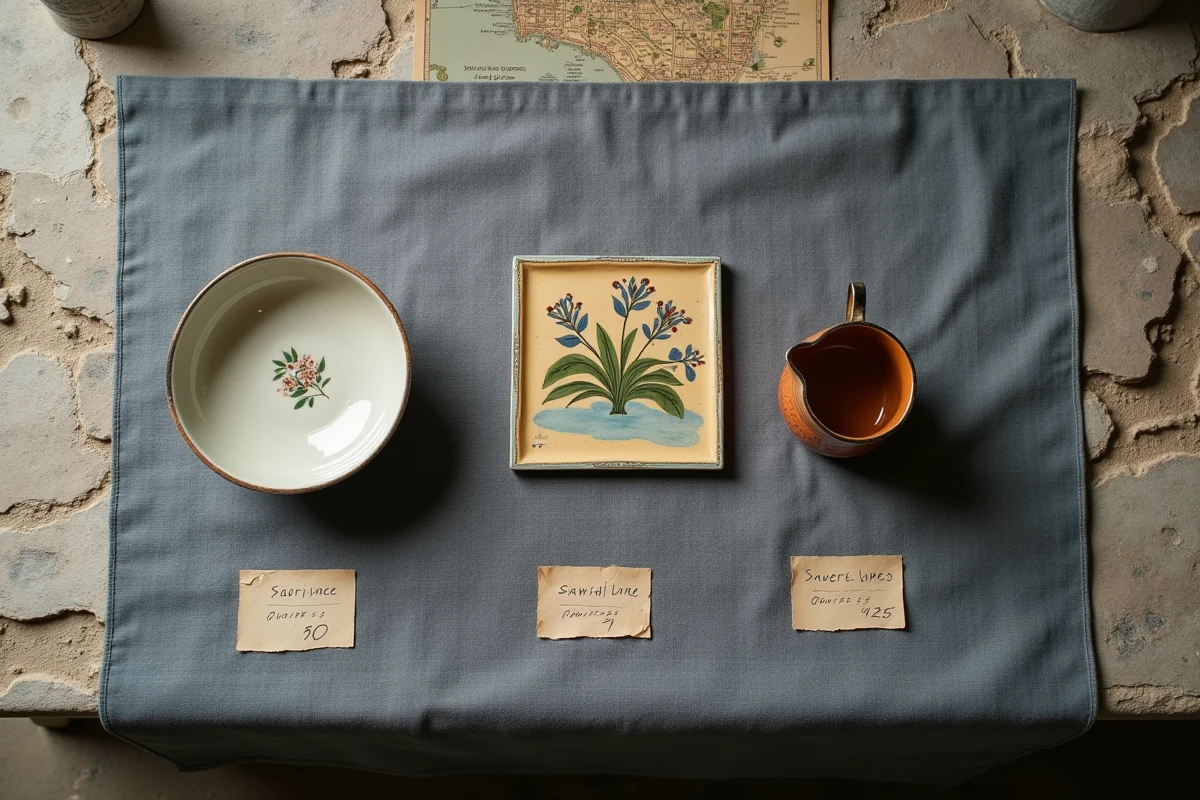 Collection de trois pièces de faïence Henriot Quimper anciennes disposées sur lin gris pour comparaison et datation