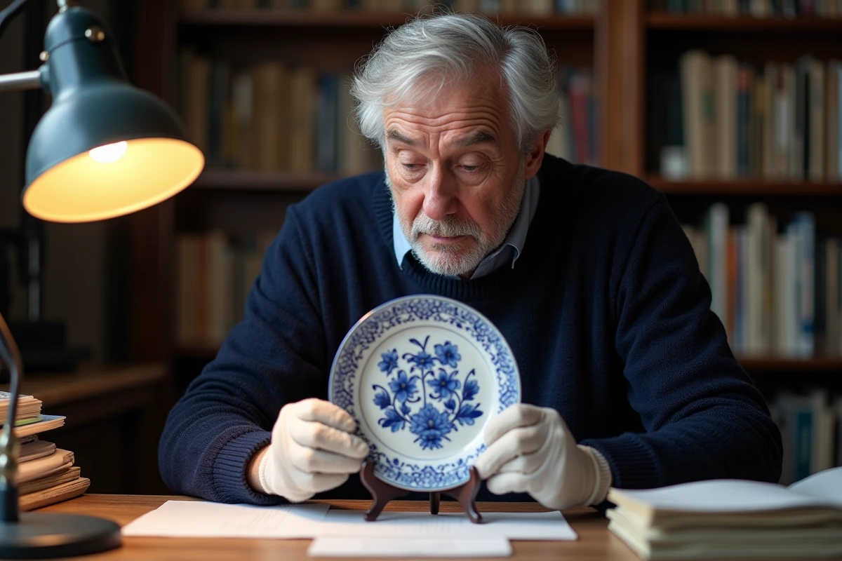 Collectionneur examinant le marquage au dos d'une faïence Henriot Quimper ancienne avec une loupe
