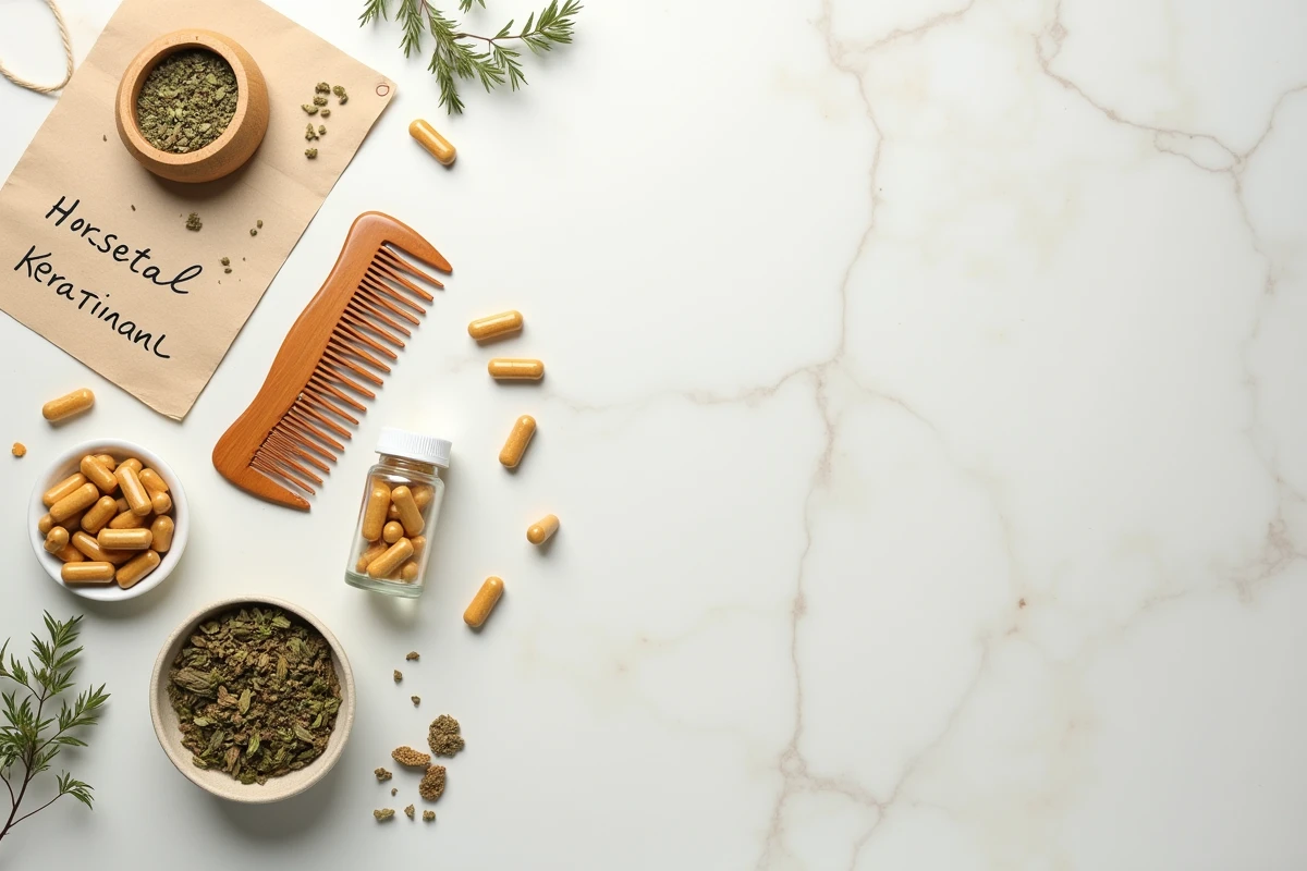 Composition à plat de compléments capillaires naturels, plantes et accessoires pour cheveux sur marbre blanc