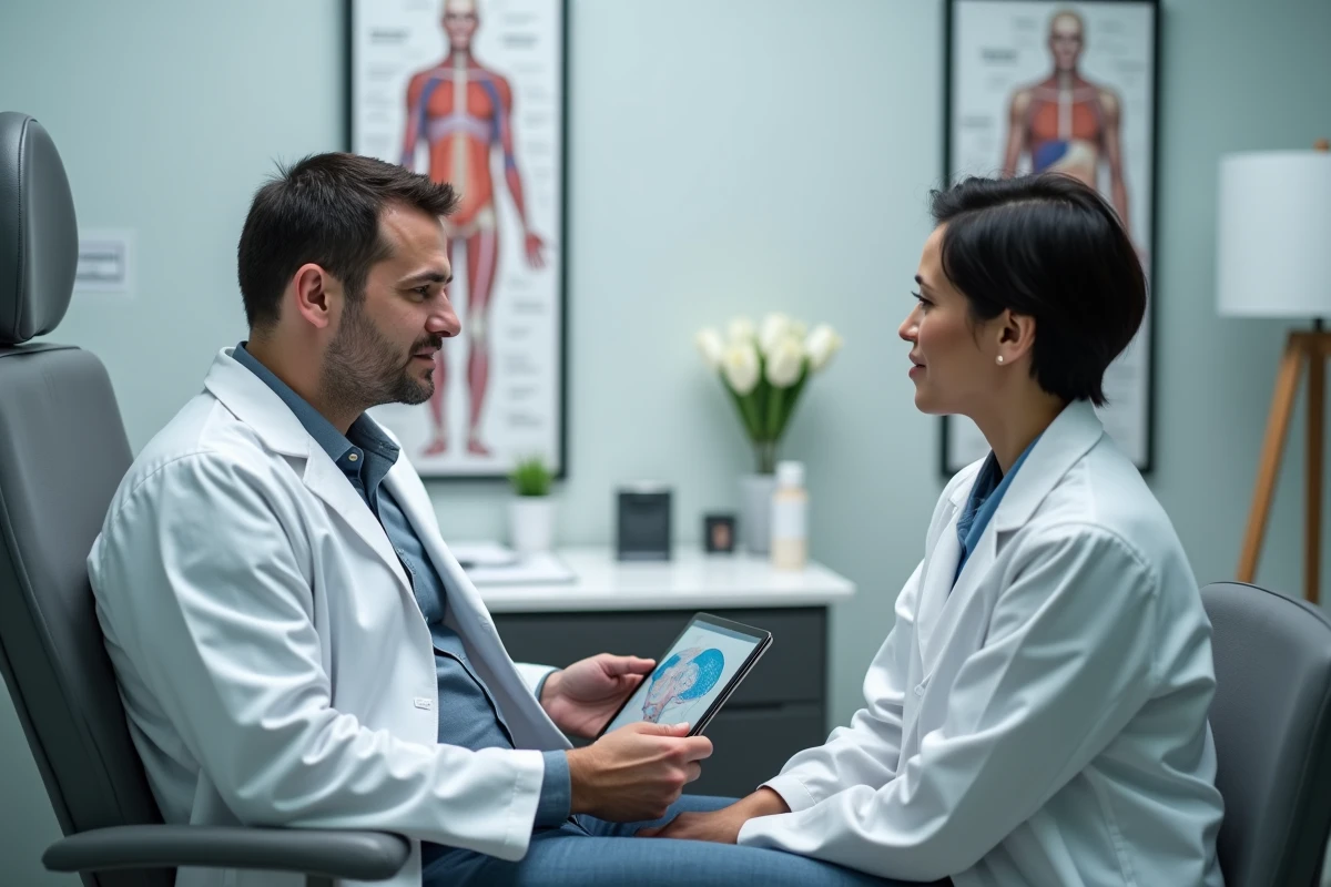 Consultation médicale entre un patient présentant une perte de cheveux et une dermatologue dans un cabinet professionnel