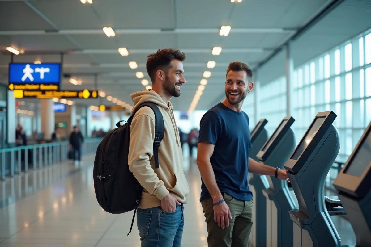 Couple effectuant leur enregistrement en ligne à une borne libre-service dans un aéroport Transavia