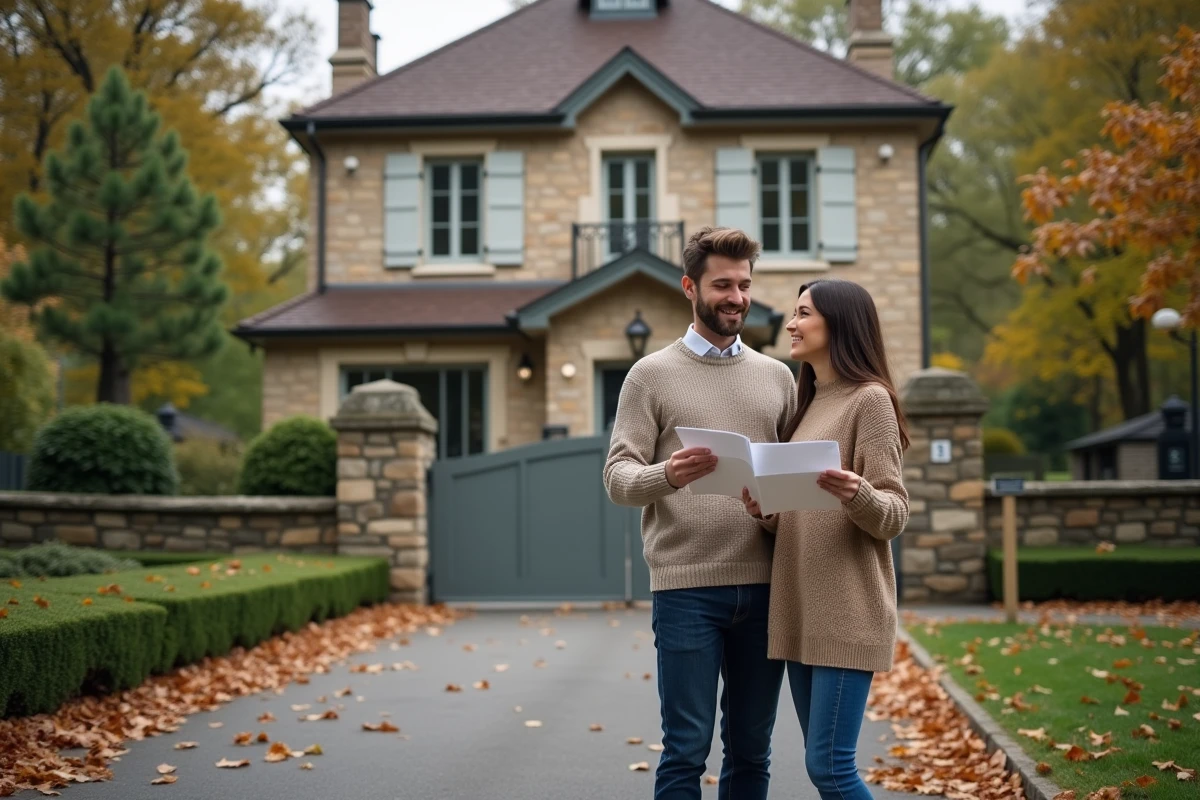 Jeune couple visitant une maison en pierre à vendre dans un quartier résidentiel calme en automne