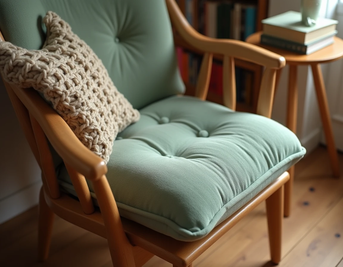 Un coussin chauffant au design soigné en tissu vert sauge posé sur un fauteuil en bois